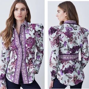 Lydia Millen Border Cotton Sateen Dip Hem Woven Floral Shirt US2